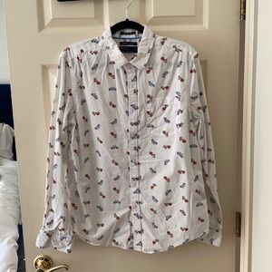 White button down with orange and blue motor cycles
